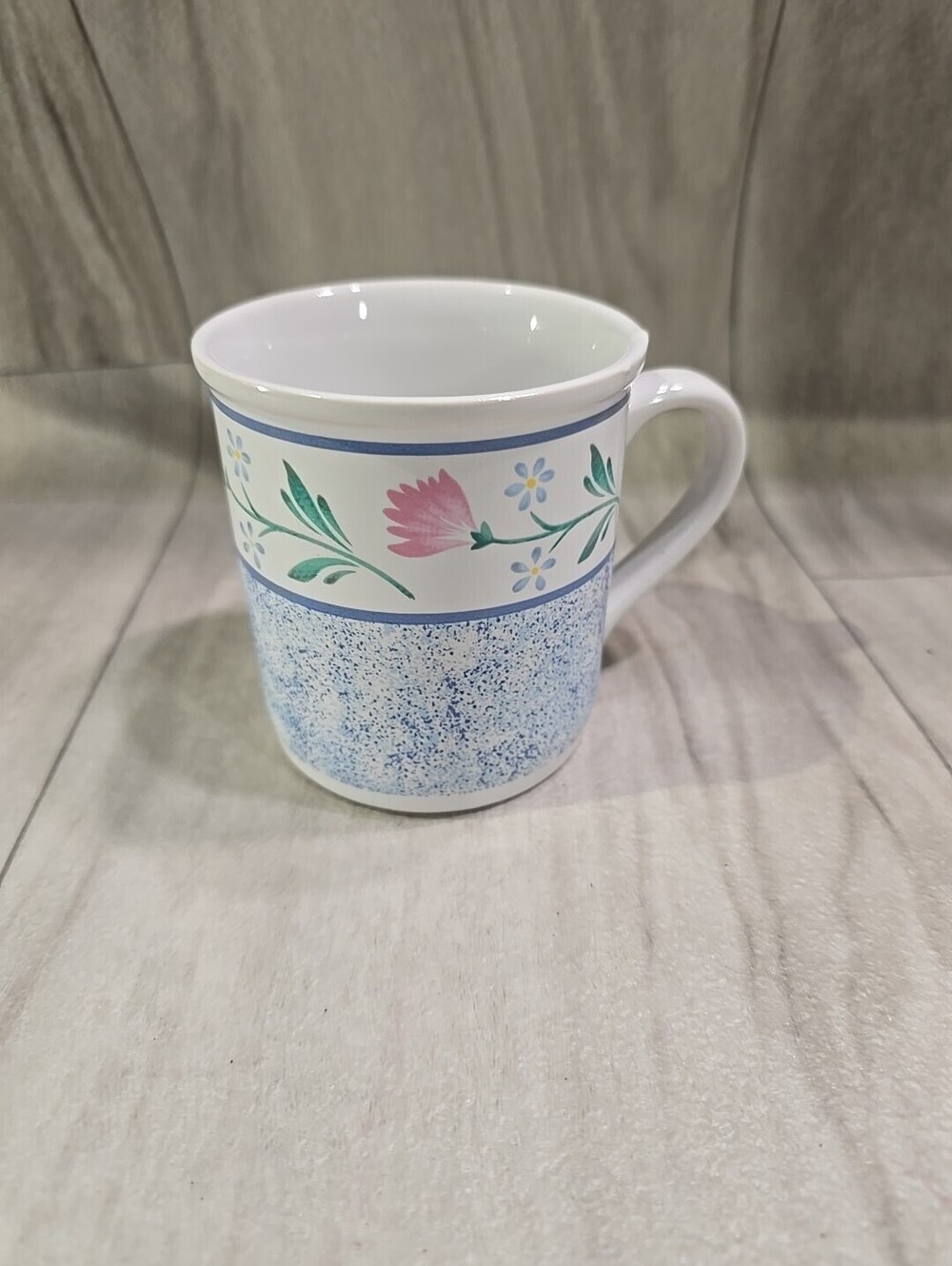 Cottage Core Vtg Blue Garland Mug Blue & Pink Flowers White Coffee Or Tea Cup